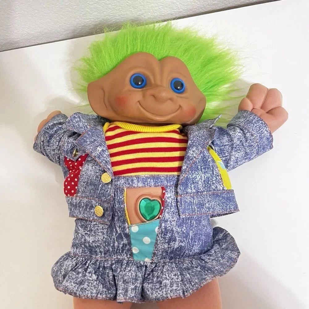 Vintage Ace Novelty Treasure Troll Tot Green Heart Wishstone Large Doll 14